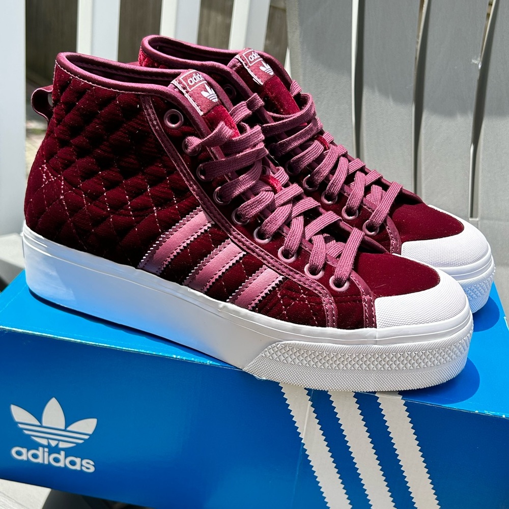 Adidas Women’s Nizza Platform Mid Victory Crimson Velour Sneakers